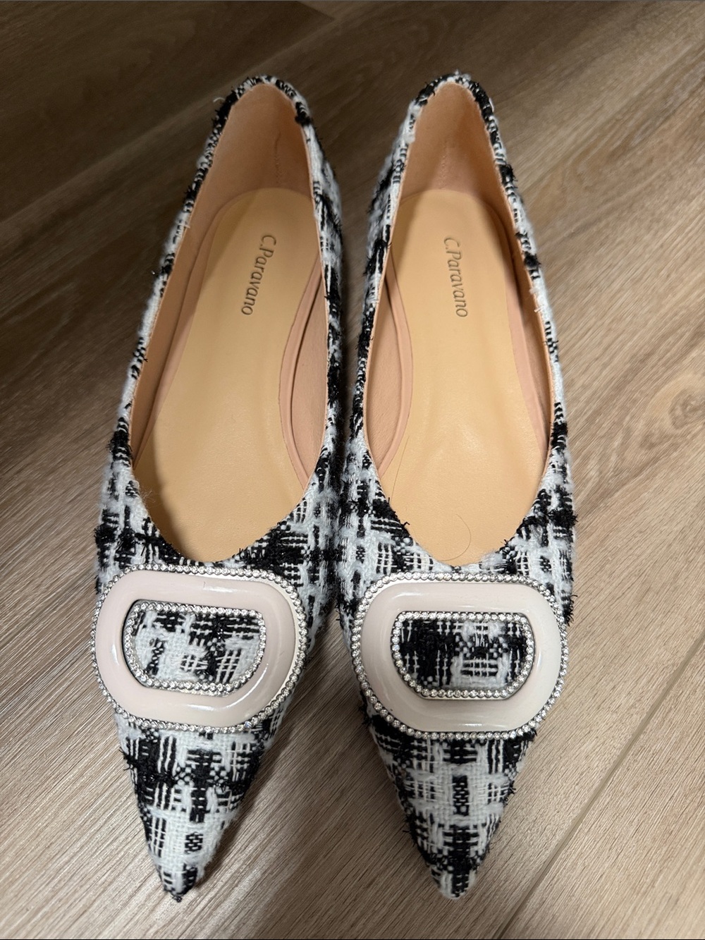 C. Paravano Black & White Tweed Buckle Flats